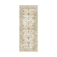The Tarot Nouveau Washable Runner 80x200cm features a light beige background with intricate floral and vine patterns in muted tones and a decorative border, offering a traditionally ornate design.