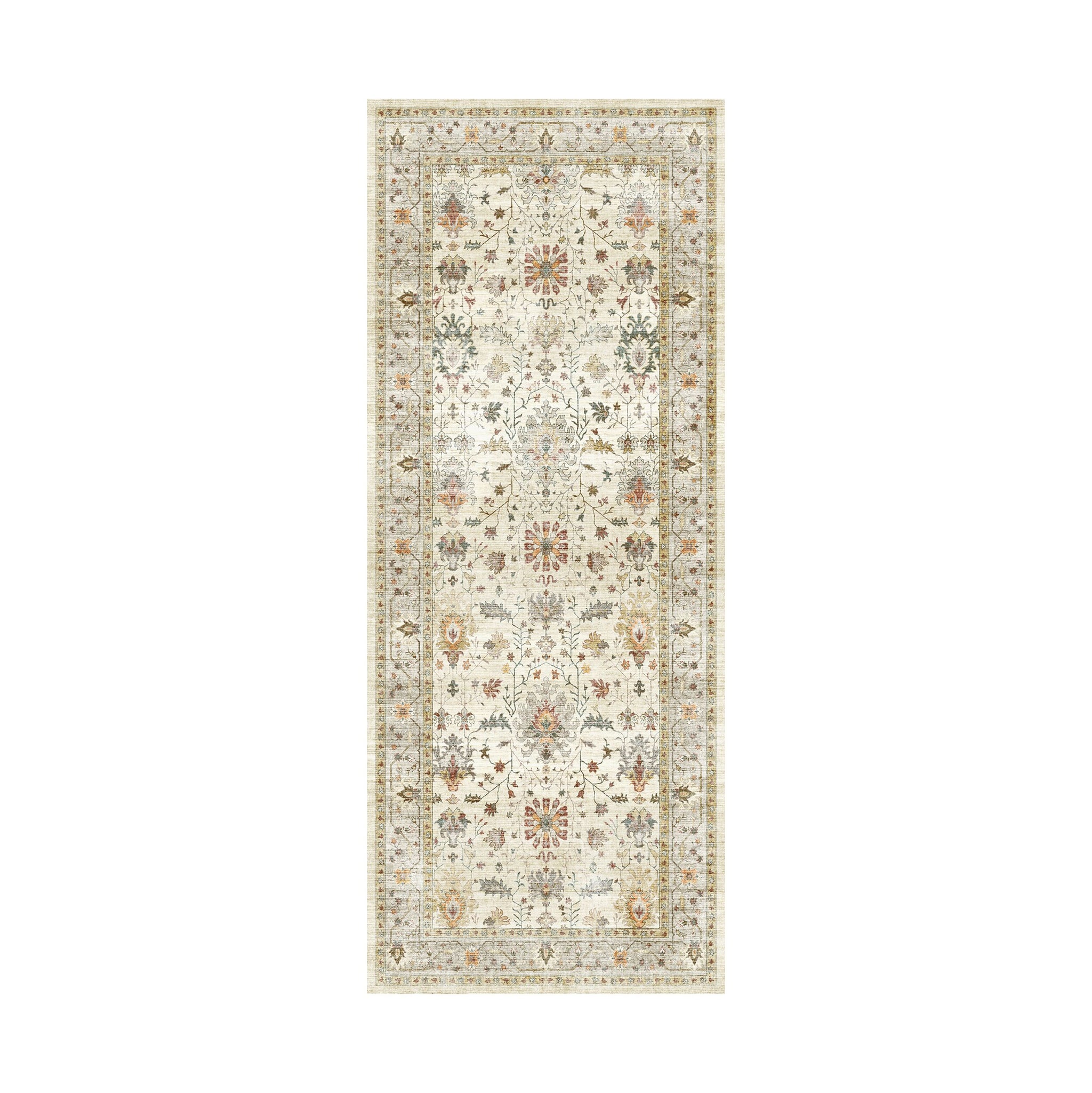 The Tarot Nouveau Washable Runner 80x200cm features a light beige background with intricate floral and vine patterns in muted tones and a decorative border, offering a traditionally ornate design.
