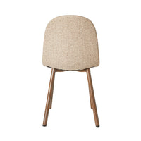 The image features the back view of a Knox Dining Chair Boucle Cream, elegantly upholstered with a rounded backrest and chocolate wood legs, exuding subtle sophistication.