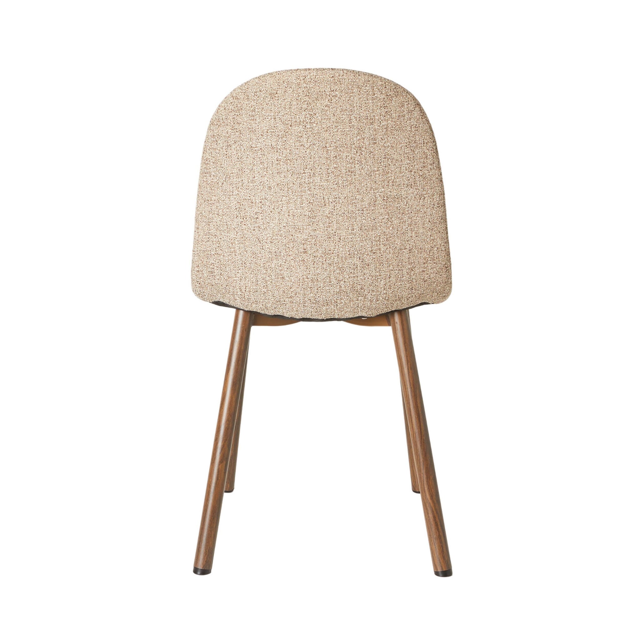 The image features the back view of a Knox Dining Chair Boucle Cream, elegantly upholstered with a rounded backrest and chocolate wood legs, exuding subtle sophistication.