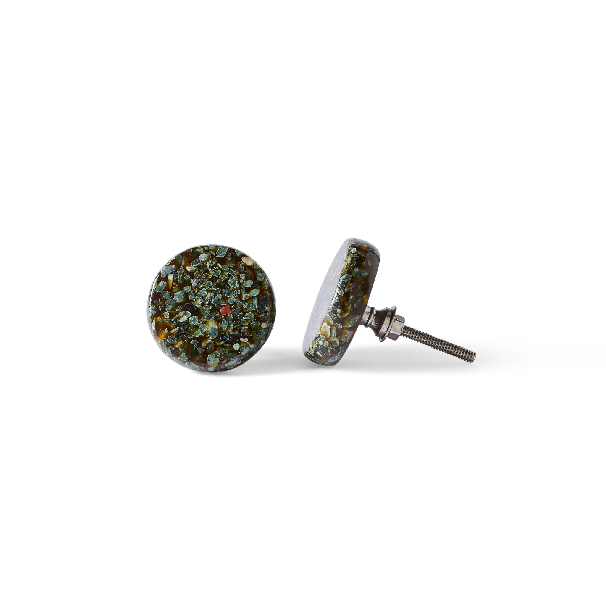 The Speckle Emerald Knob 4.5cm features a round design with a textured green and brown surface, resembling an emerald cabinet knob, set in metal with screw-back posts, shown on a white background.