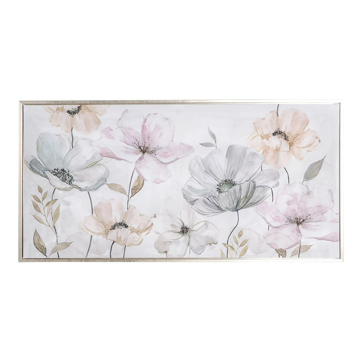 The Arthouse Delightful Blooms Silver Framed Print (100x50cm) features pastel watercolor flowers in blue, pink, and peach with green leaves on textured canvas, set against a white background.