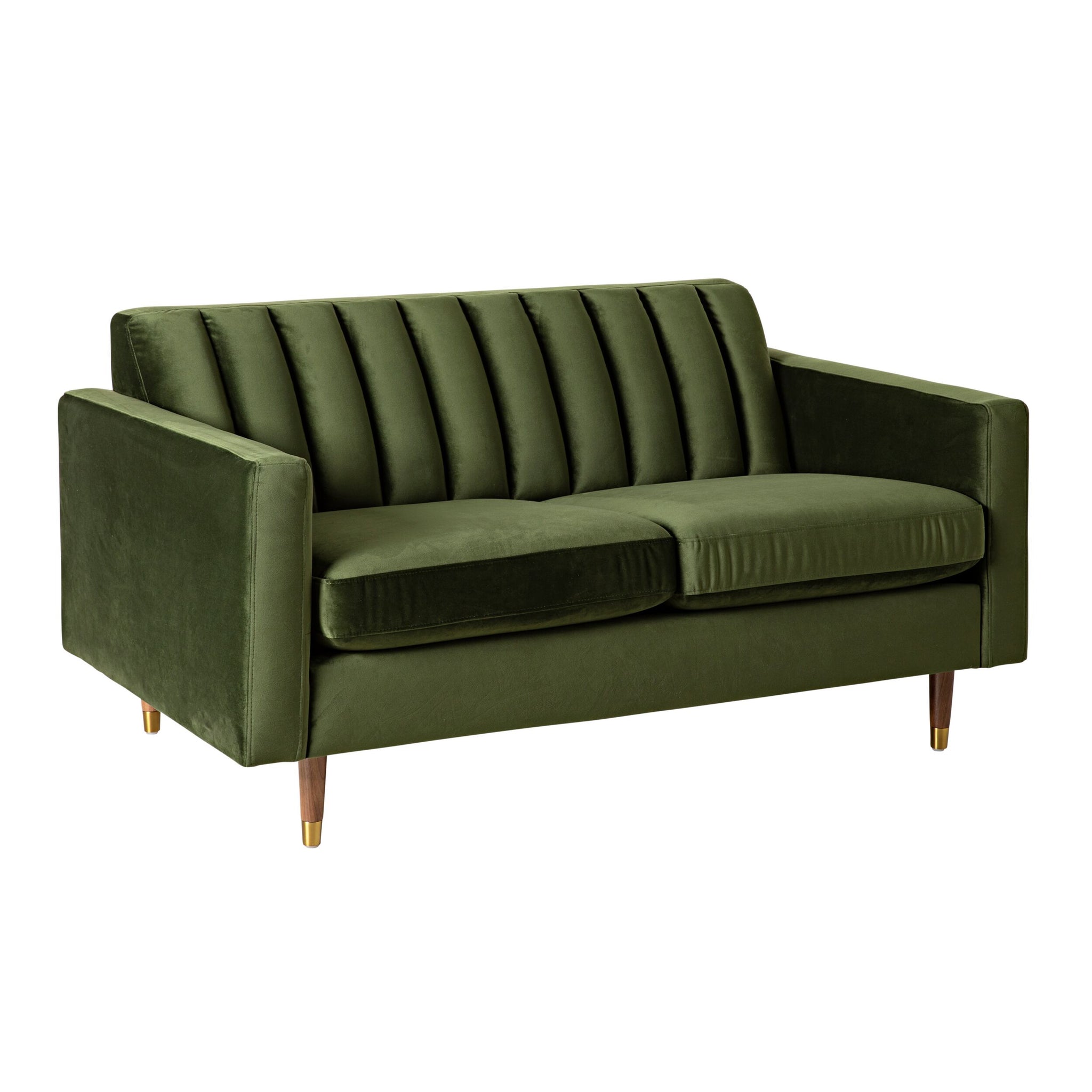 The Stitch 2 Seater Velvet Sofa in Juniper Olive features vertical channel tufting, square arms, and brass-capped legs—a modern mid-century statement piece shown against a white background.