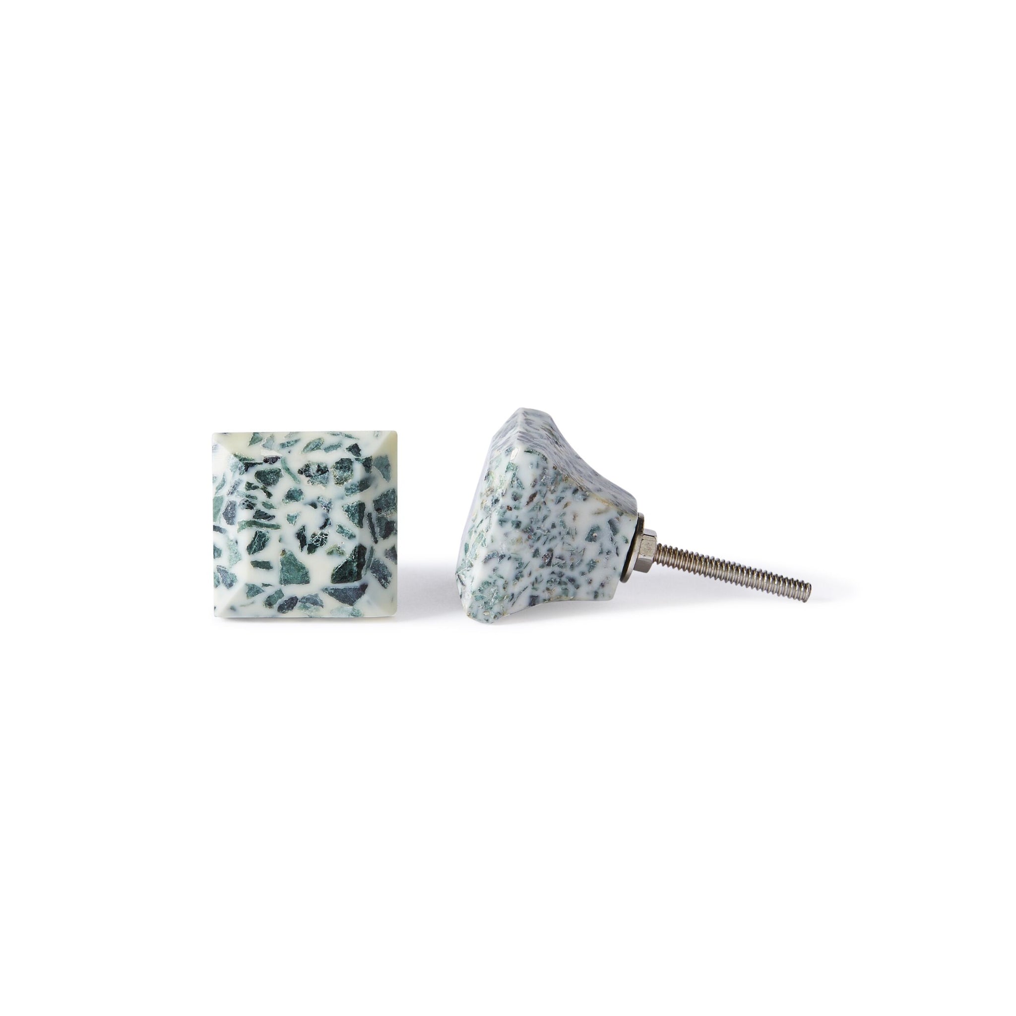 Two Speckle Square Knob 3.5cm, featuring a white base with a dark green speckled pattern, are shown from the front and side. One knob’s screw is visible, making installation easy and adding a stylish accent to your cabinet.