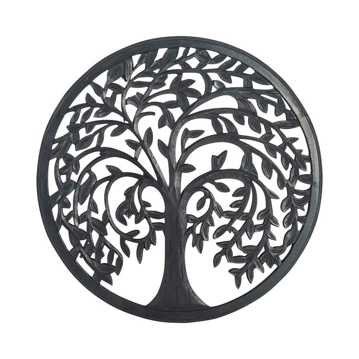 The Frieze Tree Of Life Wall Hanging (90x90cm) is a circular metal art piece depicting the Tree of Life with intertwining branches and leaves, ideal for wall display.