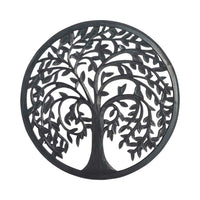 The Frieze Tree Of Life Wall Hanging (90x90cm) is a circular metal art piece depicting the Tree of Life with intertwining branches and leaves, ideal for wall display.