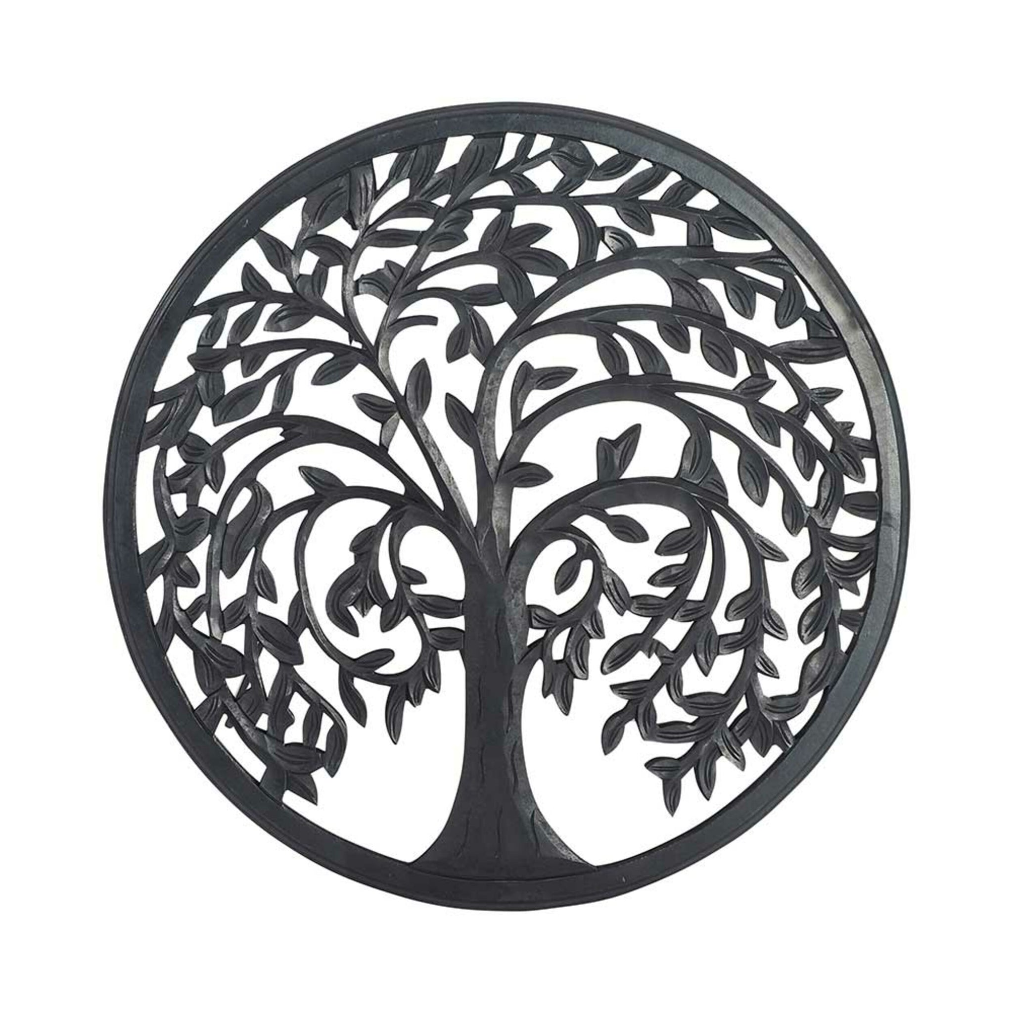 The Frieze Tree Of Life Wall Hanging (90x90cm) is a circular metal art piece depicting the Tree of Life with intertwining branches and leaves, ideal for wall display.