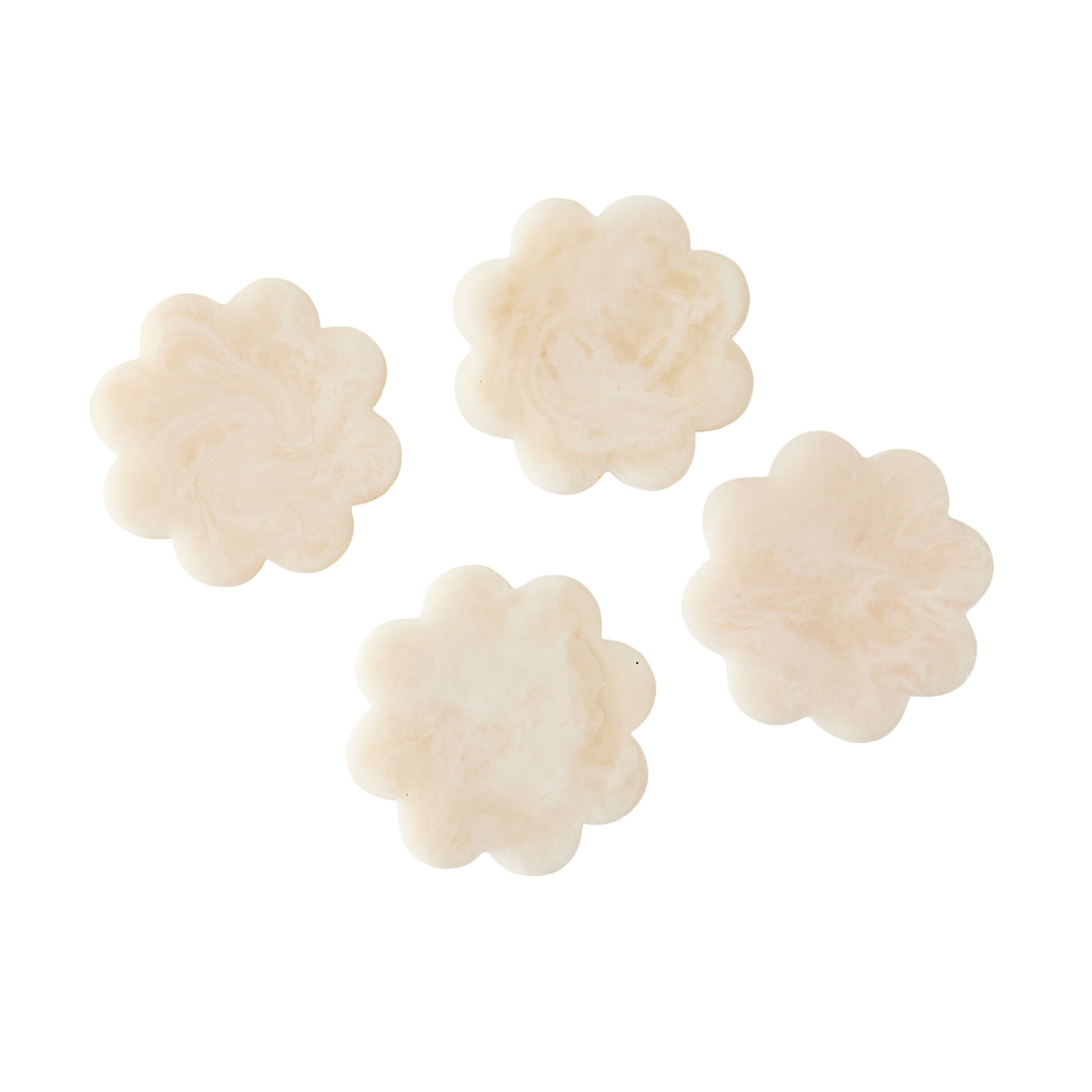 The Poppi Scallop Coasters Set of 4 Pearl features four pearl-toned, flower-shaped resin coasters with a marbled texture, arranged on a white background.
