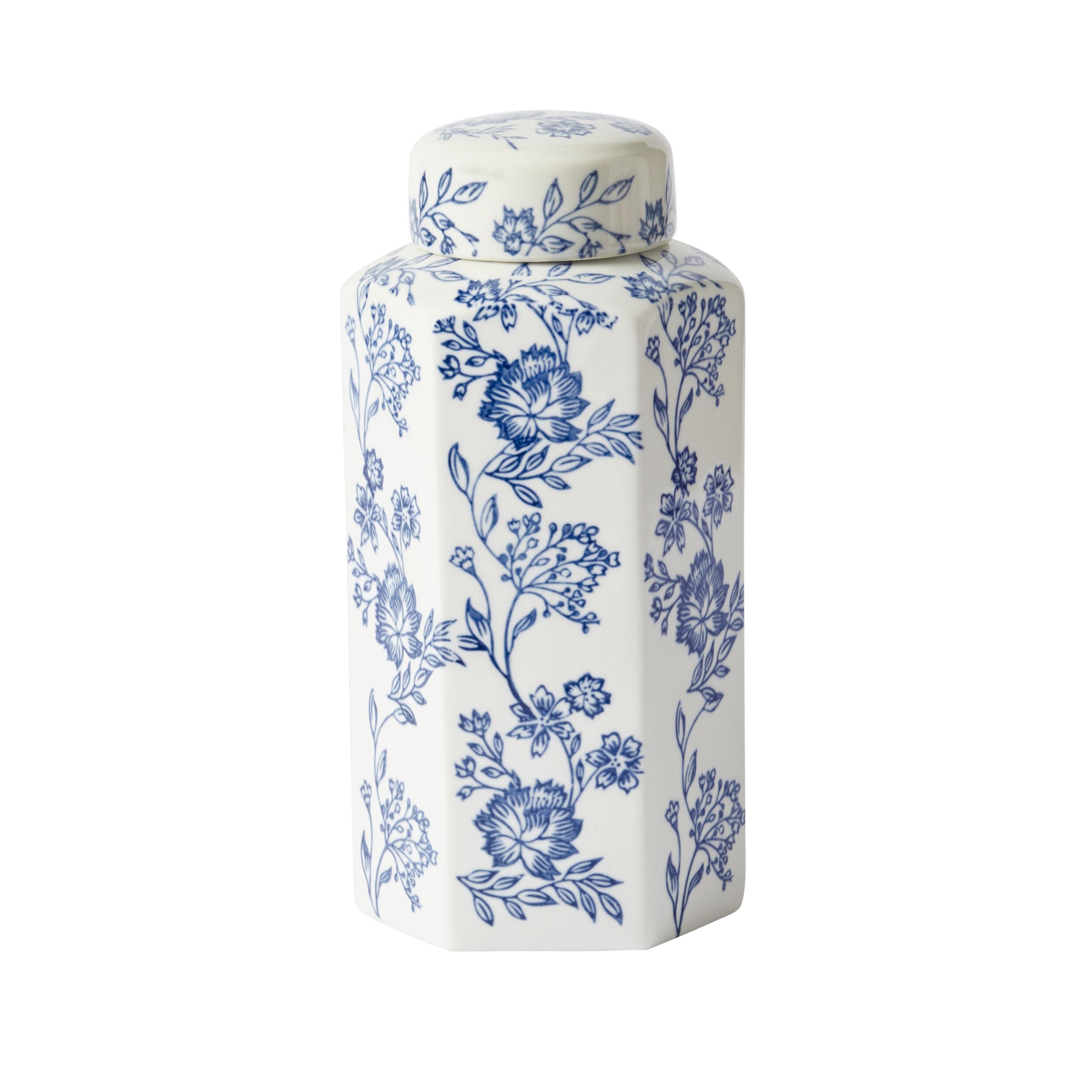 Claymont Flowers Hex Ginger Jar Blue And White 13X12X27cm