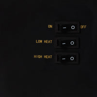 Three black switches labeled ON/OFF, LOW HEAT, and HIGH HEAT with yellow text, all set to OFF. Ideal controls for the Bromley Electric Fireplace 41x25.5x56.5cm, featuring reliable overheat protection.