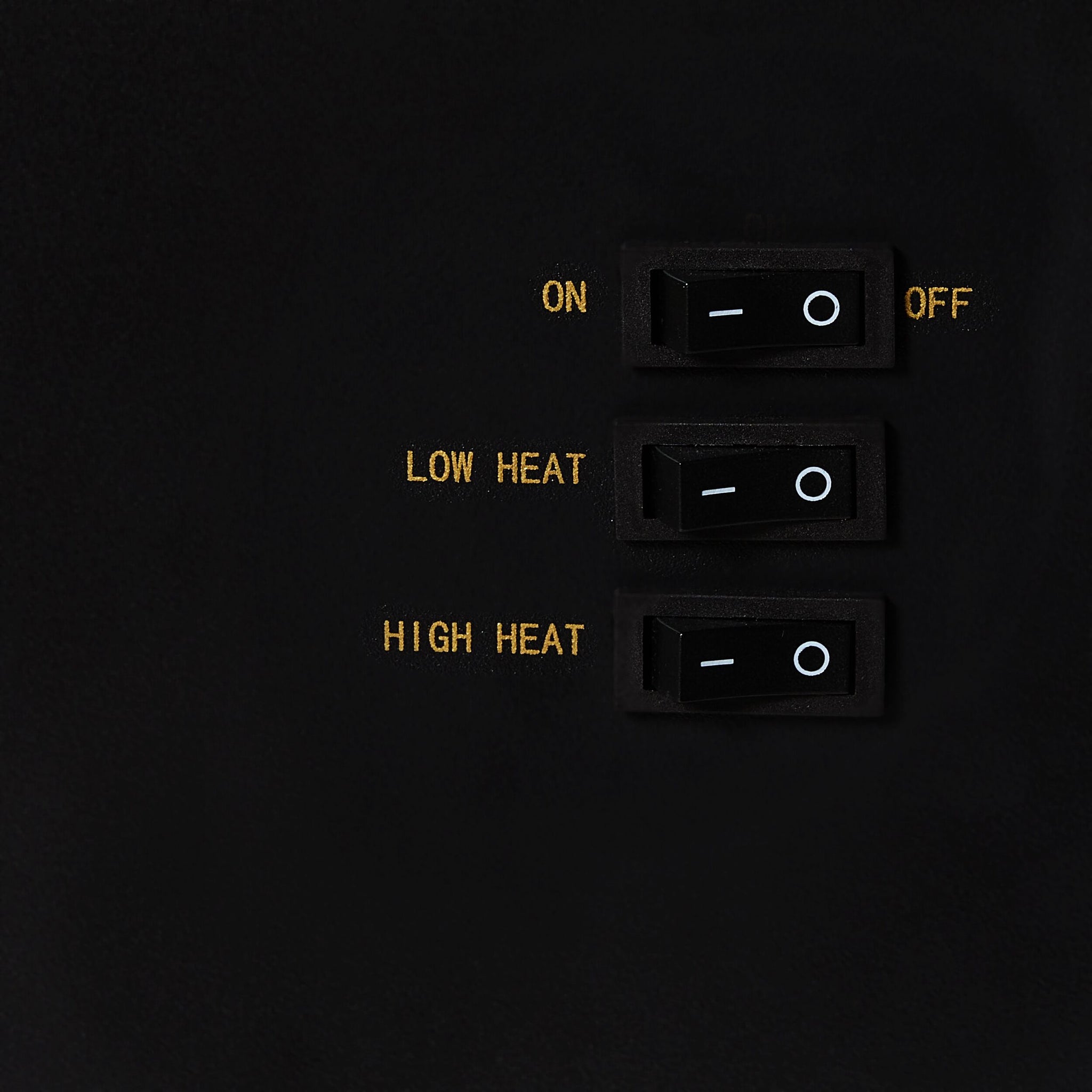 Three black switches labeled ON/OFF, LOW HEAT, and HIGH HEAT with yellow text, all set to OFF. Ideal controls for the Bromley Electric Fireplace 41x25.5x56.5cm, featuring reliable overheat protection.