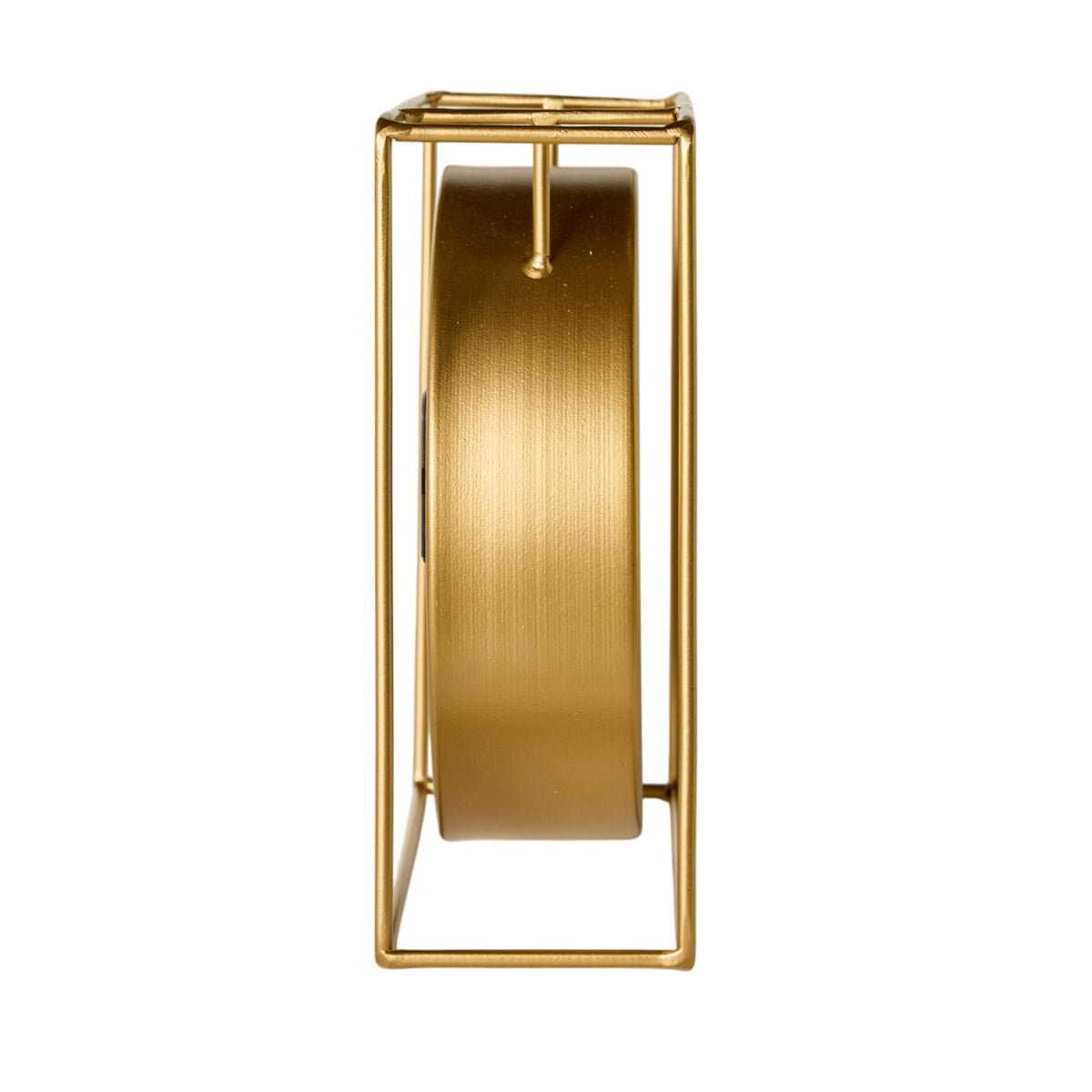 Side view of the Caged Mantel Clock Gold 18x18x7cm, a round gold-colored clock set within a minimalist rectangular gold metal frame, shown against a white background.
