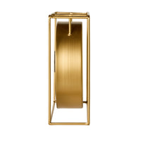 Side view of the Caged Mantel Clock Gold 18x18x7cm, a round gold-colored clock set within a minimalist rectangular gold metal frame, shown against a white background.
