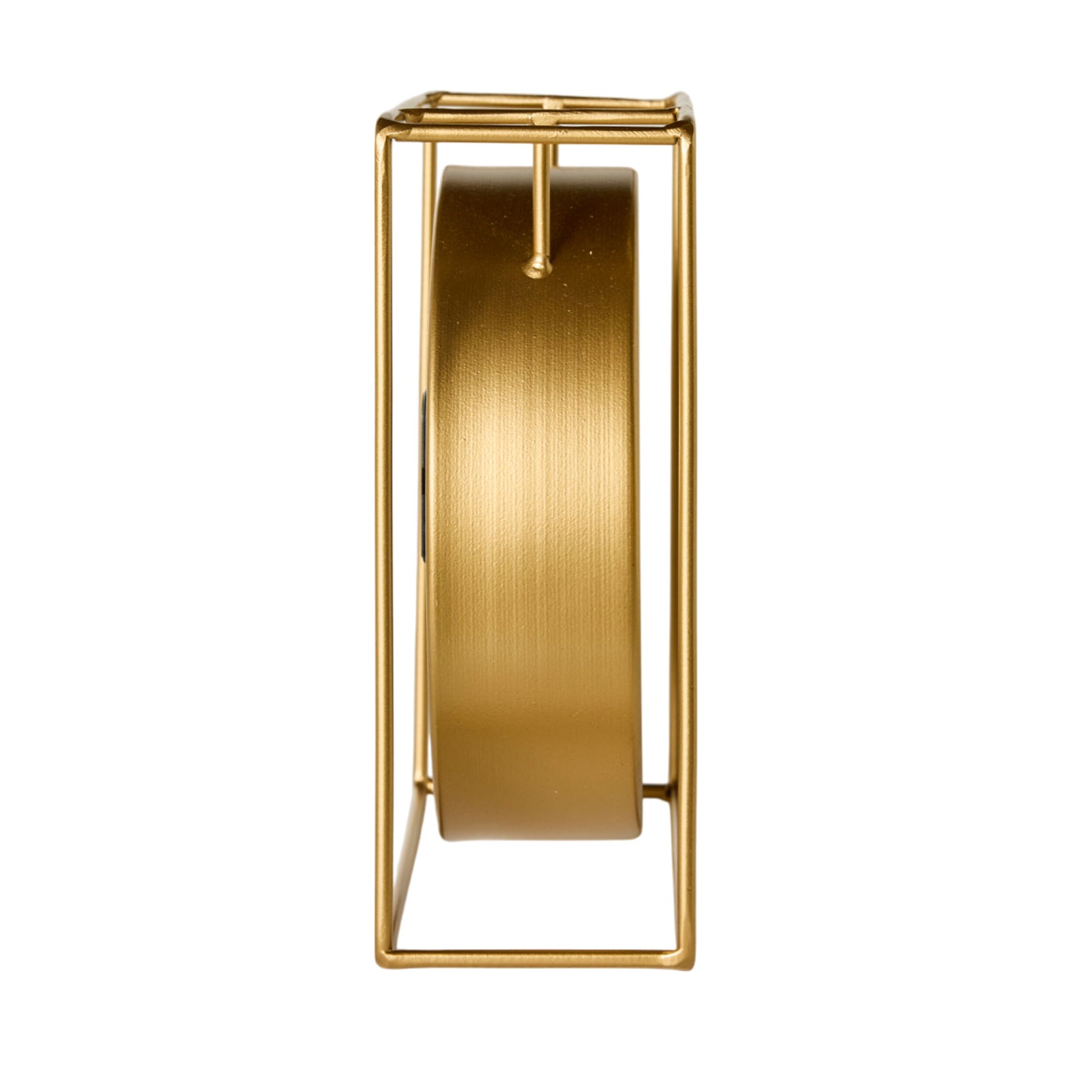 Side view of the Caged Mantel Clock Gold 18x18x7cm, a round gold-colored clock set within a minimalist rectangular gold metal frame, shown against a white background.