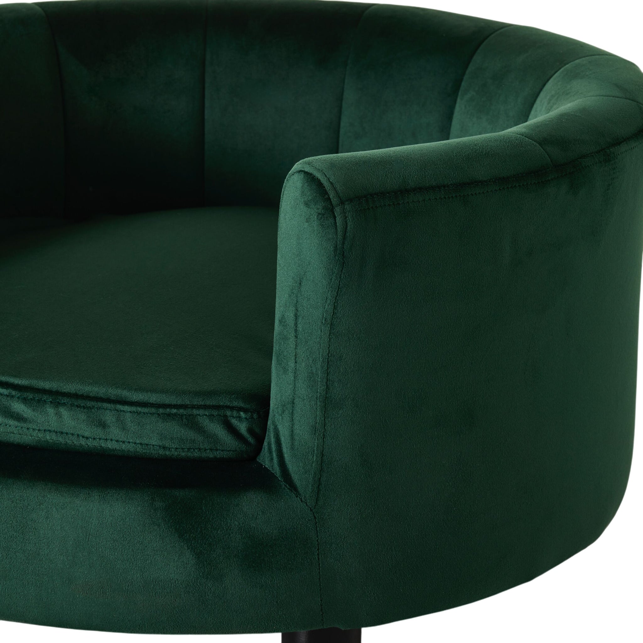 Close-up of the Vivienne Velvet Pet Bed in Forest, featuring plush deep green upholstery, a rounded back, cushioned seat, and elevated modern design. Size: 65x65x36cm.