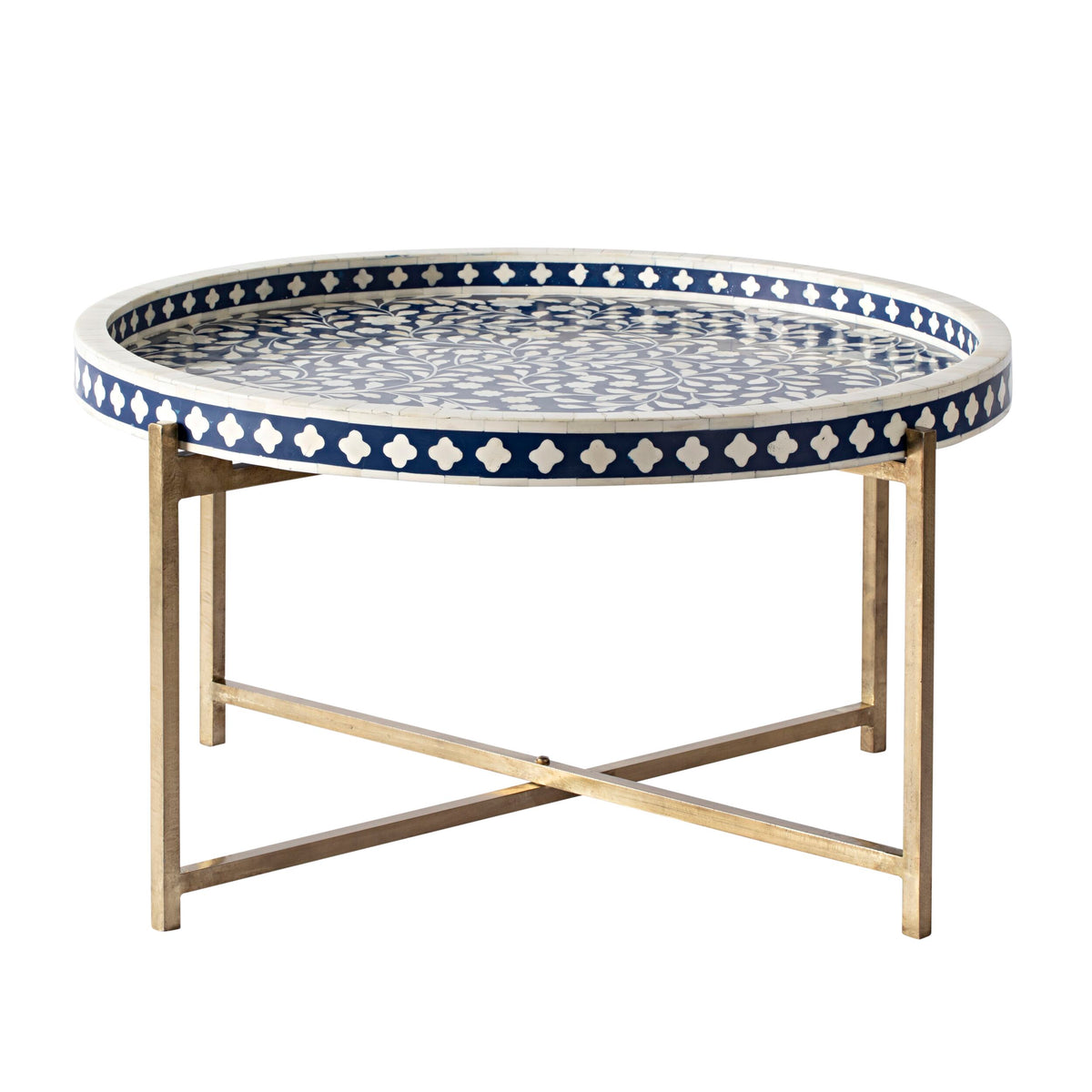 Bone Inlay Round Coffee Table Blue with Gold Frame 75cm