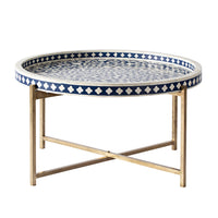 Bone Inlay Round Coffee Table Blue with Gold Frame 41cm
