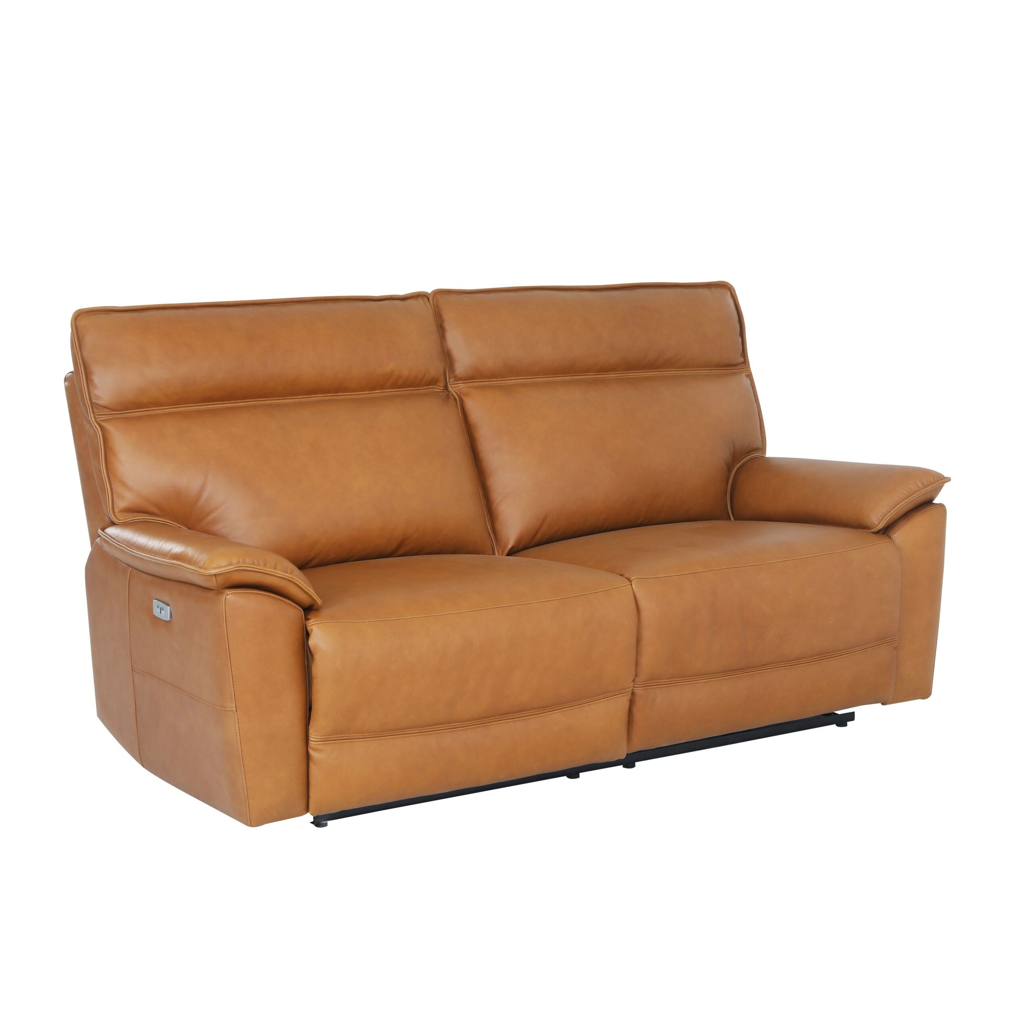 The Dillon 3 Seater Leather Recliner in Dakota Light Chestnut features cushioned seats, high backrests, wide armrests, and a side recliner button for ultimate comfort and a premium high back recliner experience.