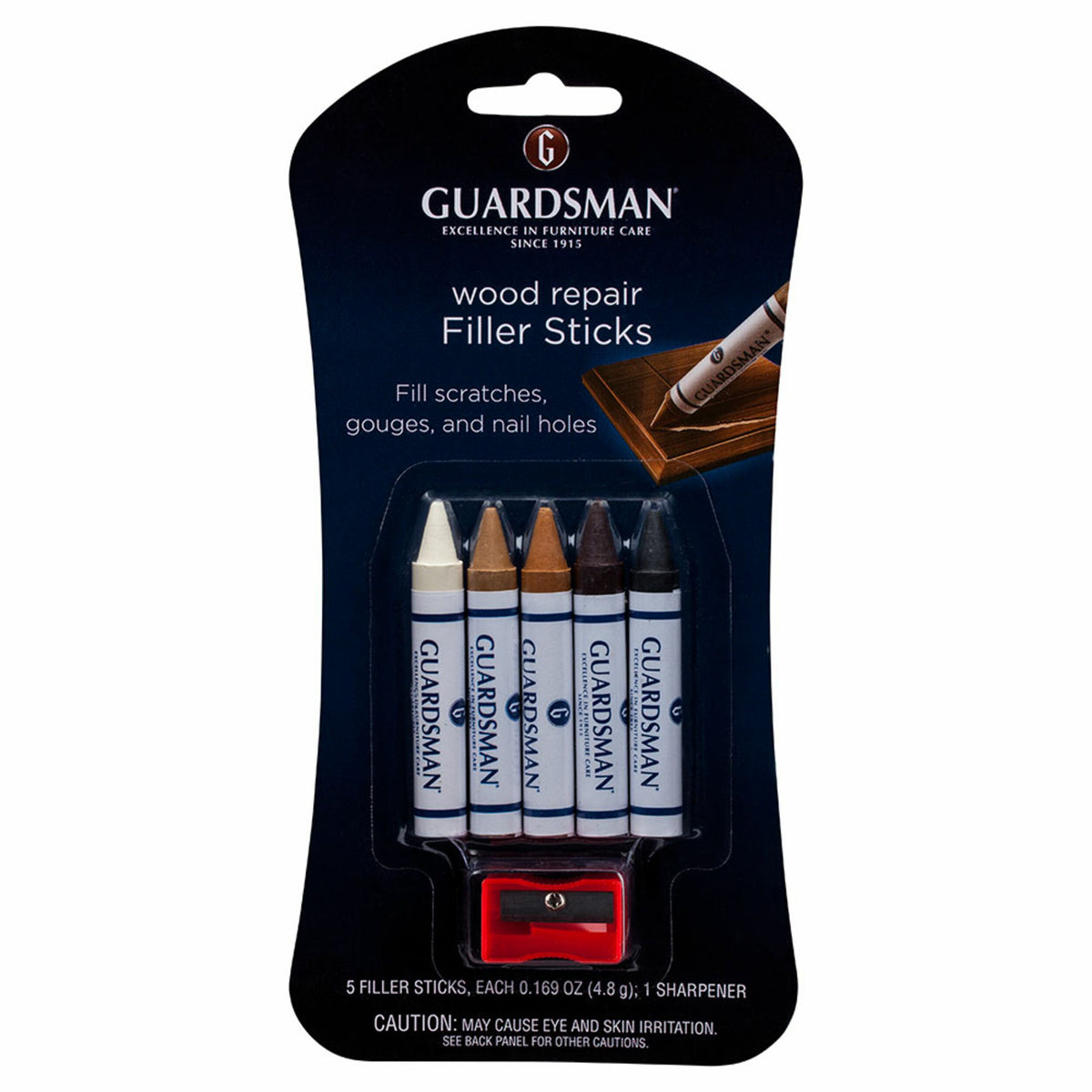 Guardsman Filler Sticks includes five colored sticks and a sharpener, ideal for repairing wood furniture by filling scratches, gouges, and nail holes—restoring your wood surfaces.