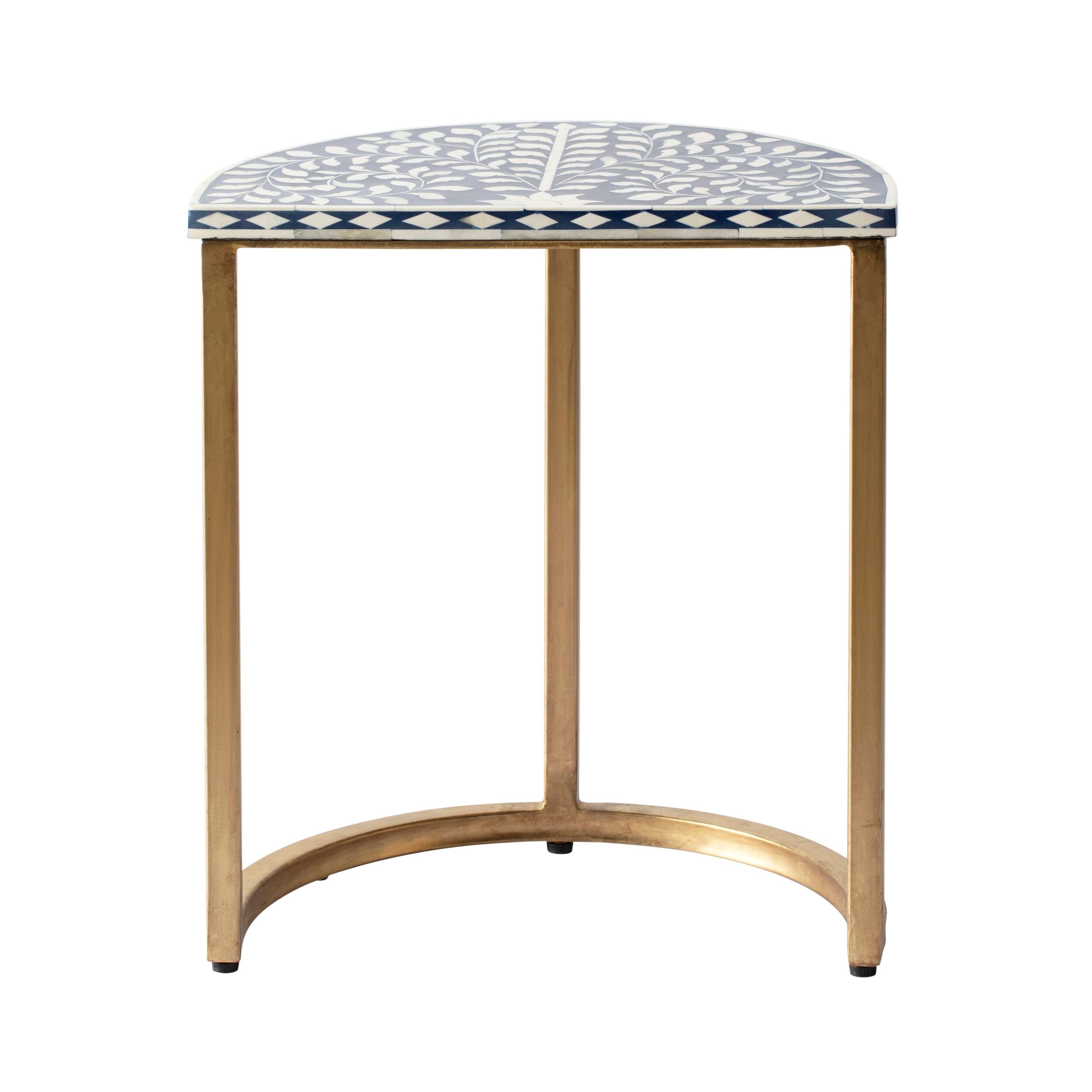 Bone Inlay Half Moon Side Table Blue with Gold Frame 44cm