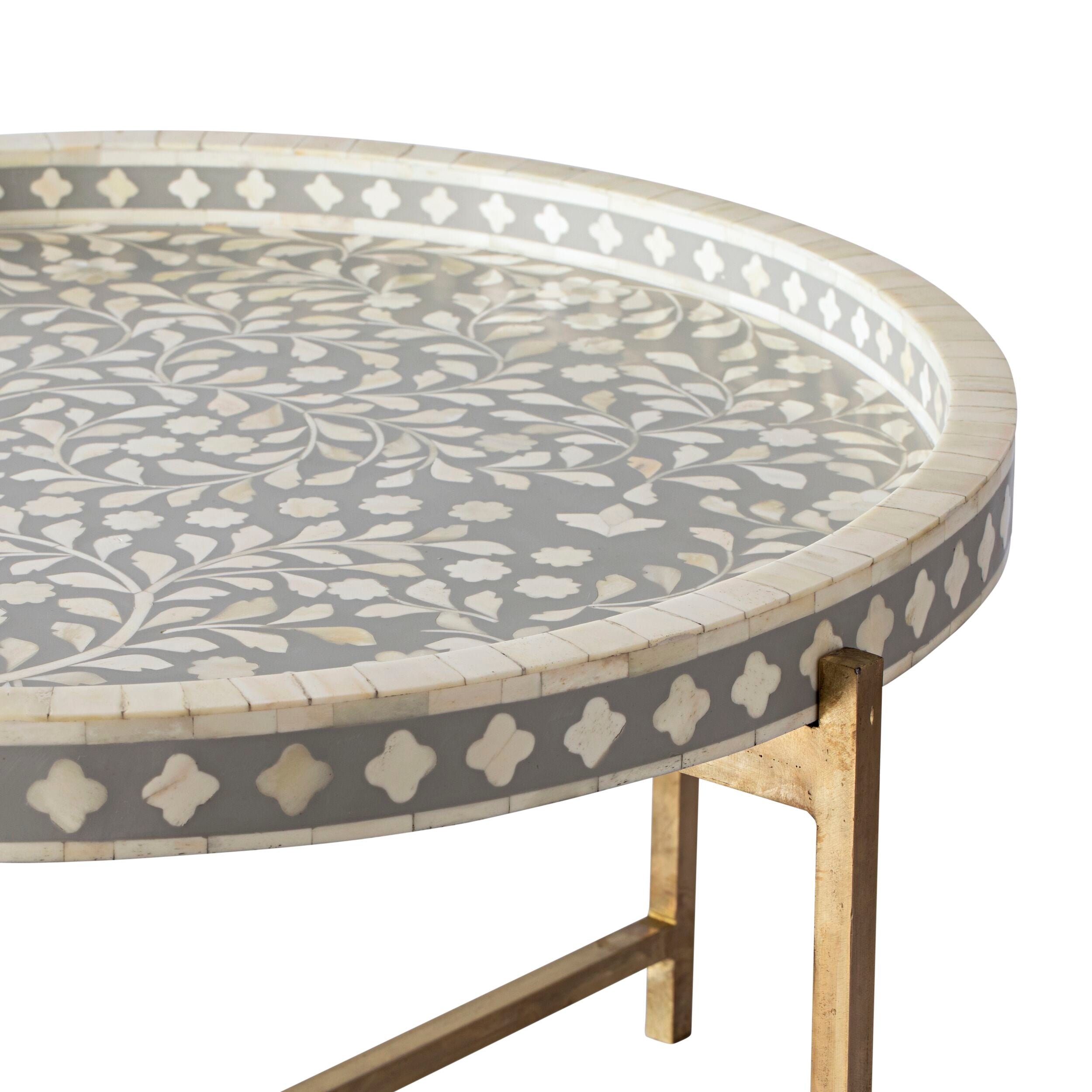 Bone Inlay Round Coffee Table Grey with Gold Frame 75cm