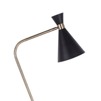The Williams Trumpet Floor Lamp Black 168cm features a modern design with a black conical shade and gold angled arm, shown against a white background.