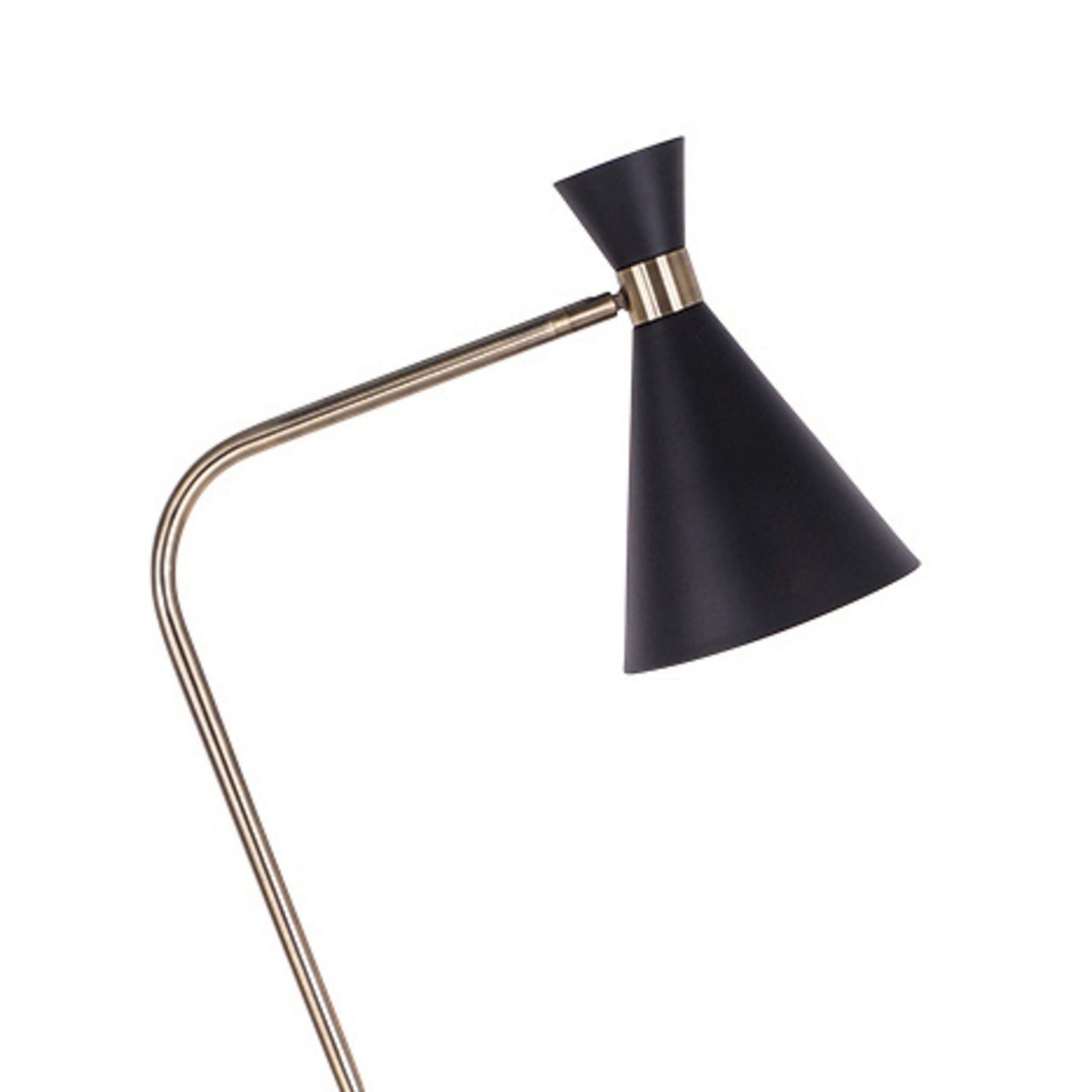 The Williams Trumpet Floor Lamp Black 168cm features a modern design with a black conical shade and gold angled arm, shown against a white background.