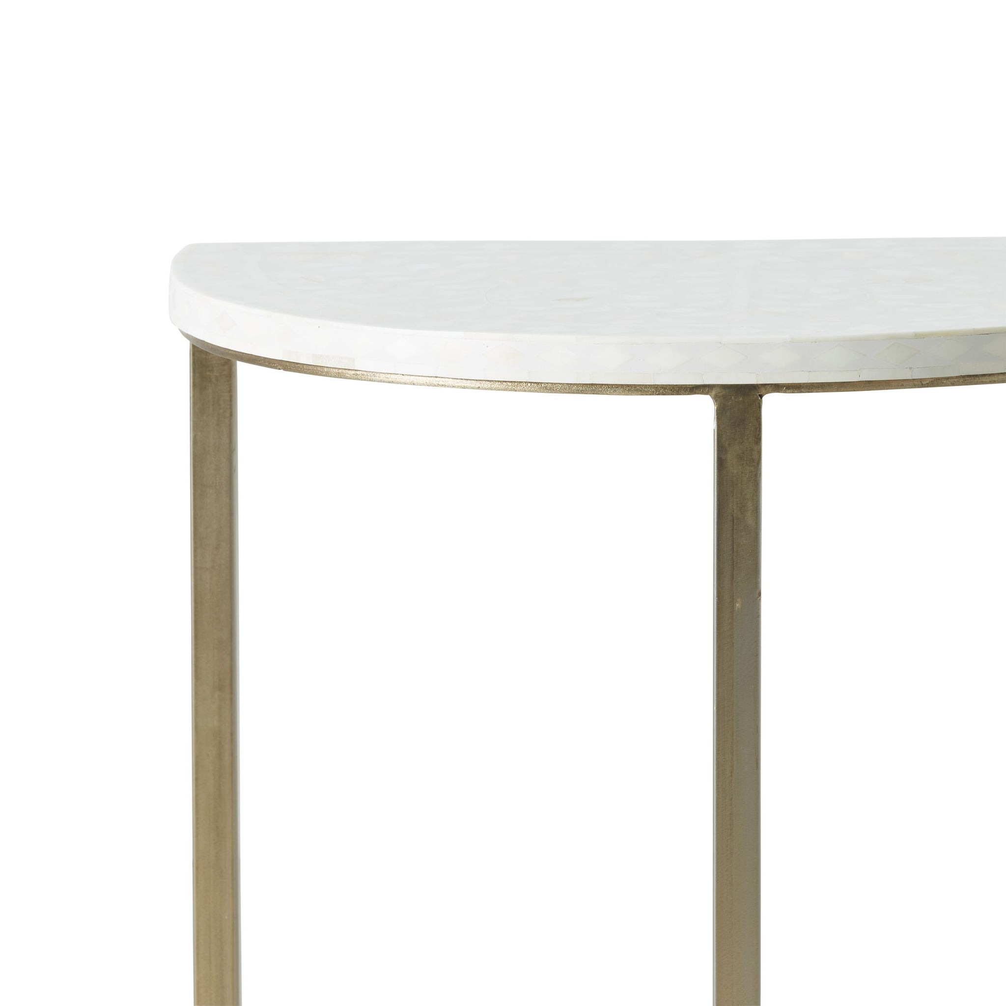 Bone Inlay Half Moon Side Table Beige with Gold Frame 53cm