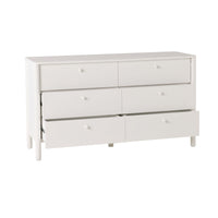 The Spintara 6 Drawer Low Chest White is shown with two lower drawers partially open, set against a plain white background—perfect for modern storage needs with its stylish design.