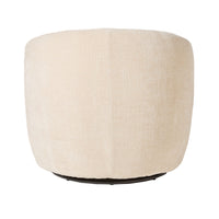 A beige, round upholstered ottoman with a black base perfectly enhances home decor, adding a stylish touch that complements the Alessa Swivel Armchair Oasis Dune beautifully.