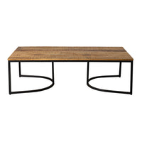 The Hartford 3 Piece Nesting Timber Coffee Table Set showcases an industrial design with a robust black metal frame and an open base. Its rectangular wooden tops are crafted from rich mango wood, adding warmth to their sleek silhouette.