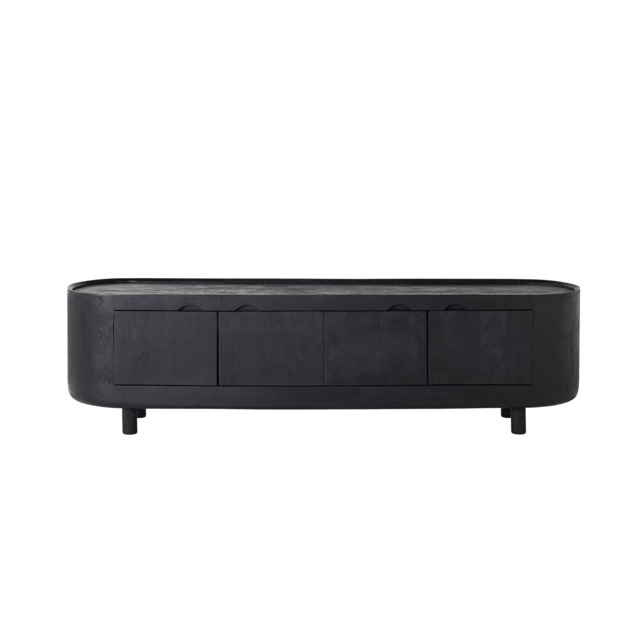 The Aurora Entertainment Unit Black is an oval, sleek TV stand with a black sandblasted finish. It features four closed compartments and short legs for efficient media storage.
