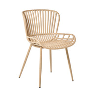 The Lini Dining Chair Taupe is a modern piece made from UV-stabilised polypropylene with a slatted, curved backrest and four slim legs, offering versatile all-weather resistance for indoor or outdoor use.