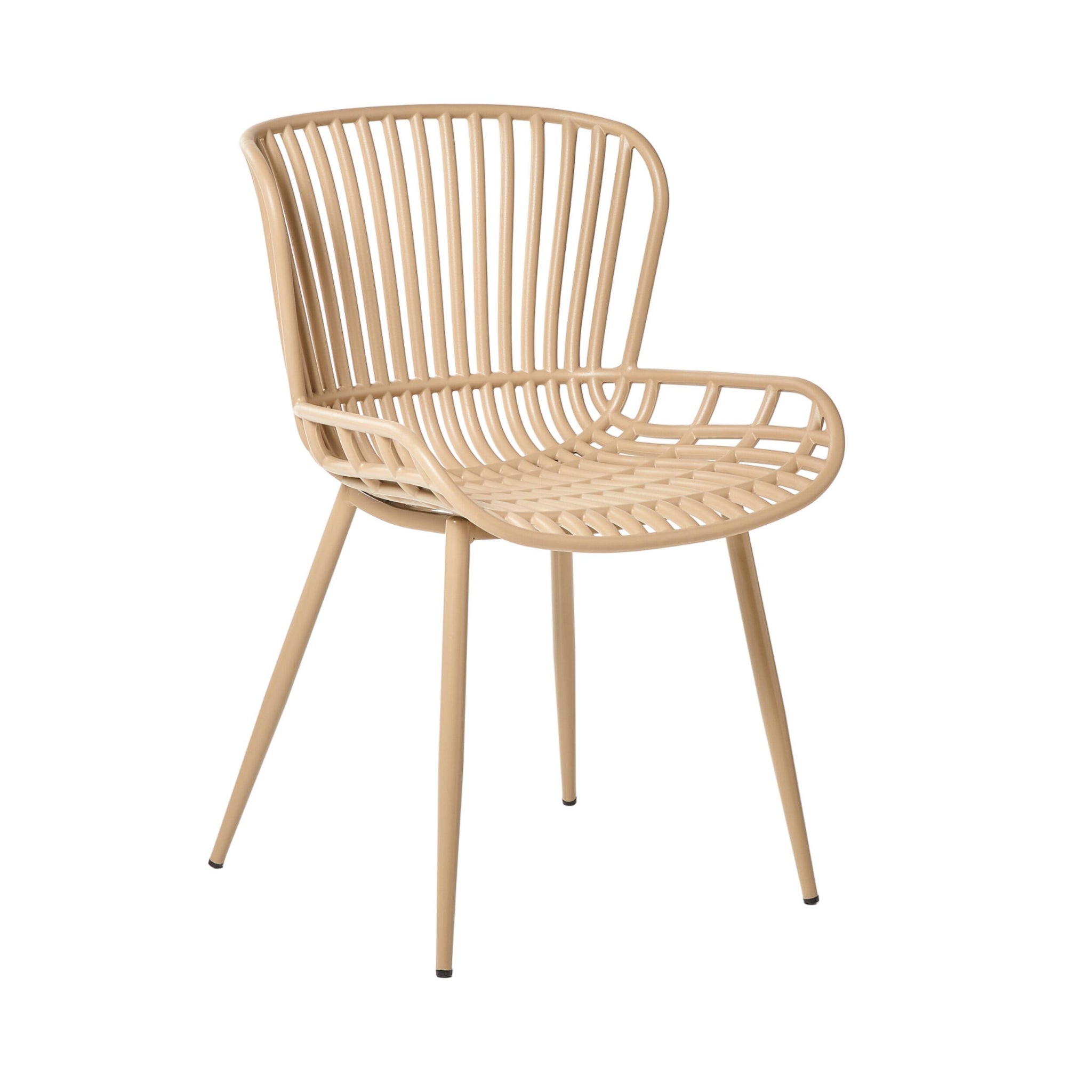 The Lini Dining Chair Taupe is a modern piece made from UV-stabilised polypropylene with a slatted, curved backrest and four slim legs, offering versatile all-weather resistance for indoor or outdoor use.