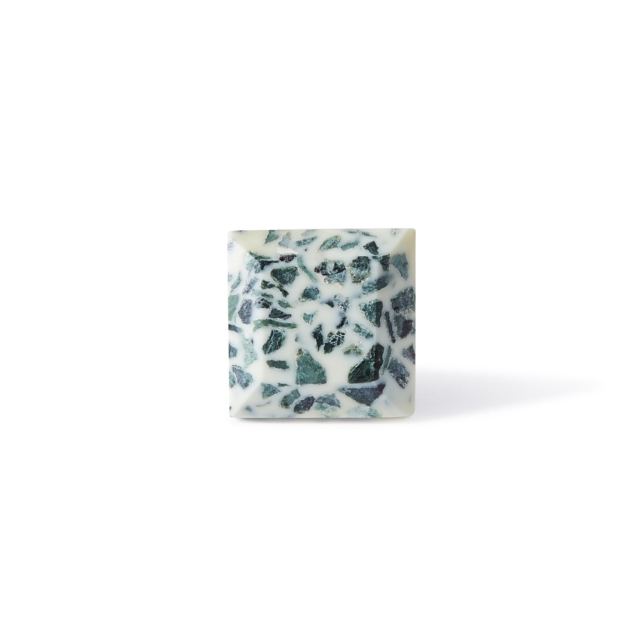 The Speckle Square Knob 3.5cm has a white base with dark green terrazzo fragments, adding a unique style to your cabinet hardware.
