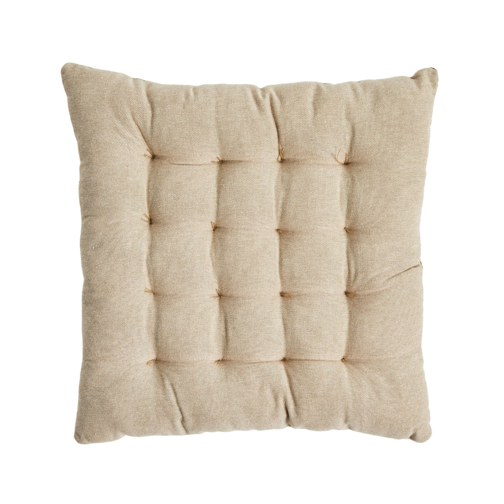 The Sorella Floral Seat Cushion 40x40cm, shown from above on a white background, features soft beige cotton with a tufted design—ideal for adding coastal-country charm to your space.