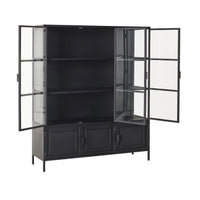The Nero 6 Door Display Cabinet (135 x 40 x 160cm, Black) features a modern black metal frame, glass doors and shelves, plus three lower storage compartments for sleek organization, shown here with the doors open.