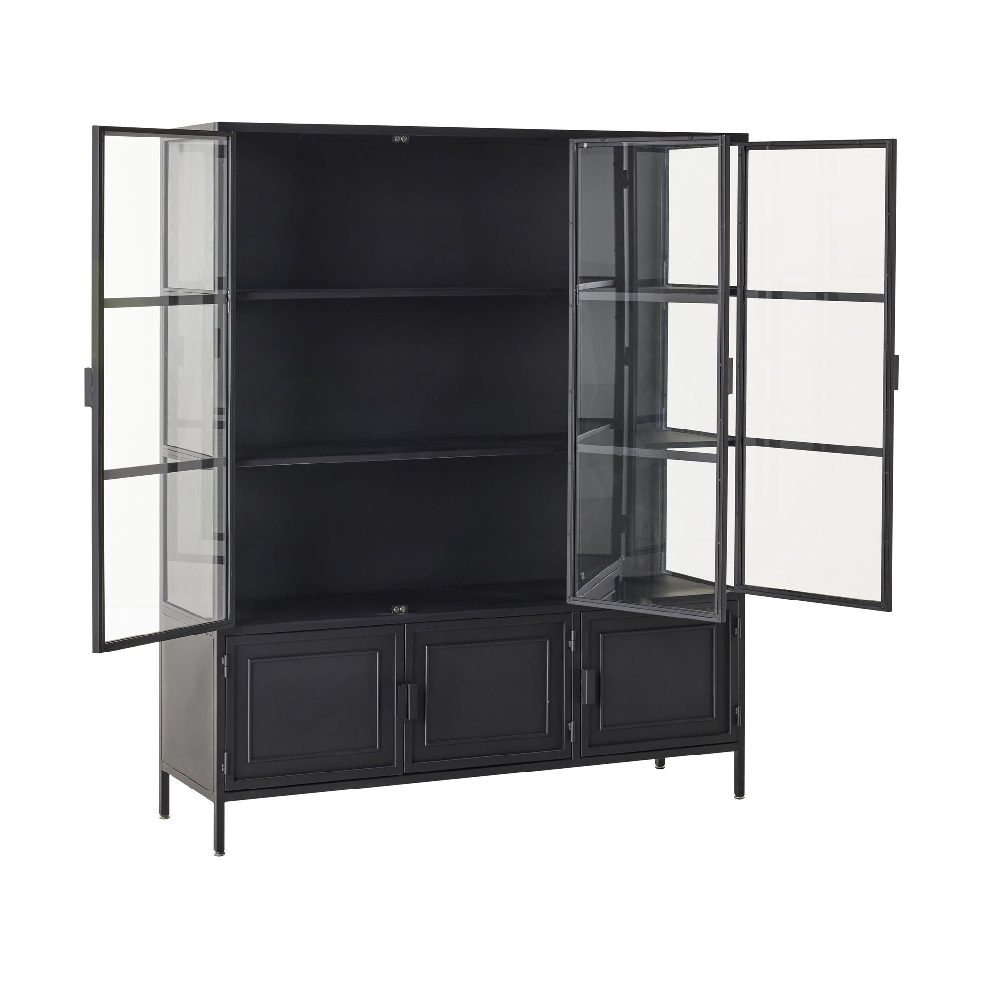The Nero 6 Door Display Cabinet (135 x 40 x 160cm, Black) features a modern black metal frame, glass doors and shelves, plus three lower storage compartments for sleek organization, shown here with the doors open.