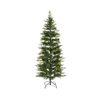 The Celeste Pencil Pine Christmas Tree 180cm showcases a sleek design with its rich green needles artfully set on a robust metal stand. It is illuminated by 220 LED lights, offering a cozy and celebratory ambiance against the white backdrop.