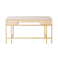The Deva Large Desk 150 x 79 x 61cm showcases a rectangular light mango wood top, two drawers, and slender gold metal legs—shown against a white background.