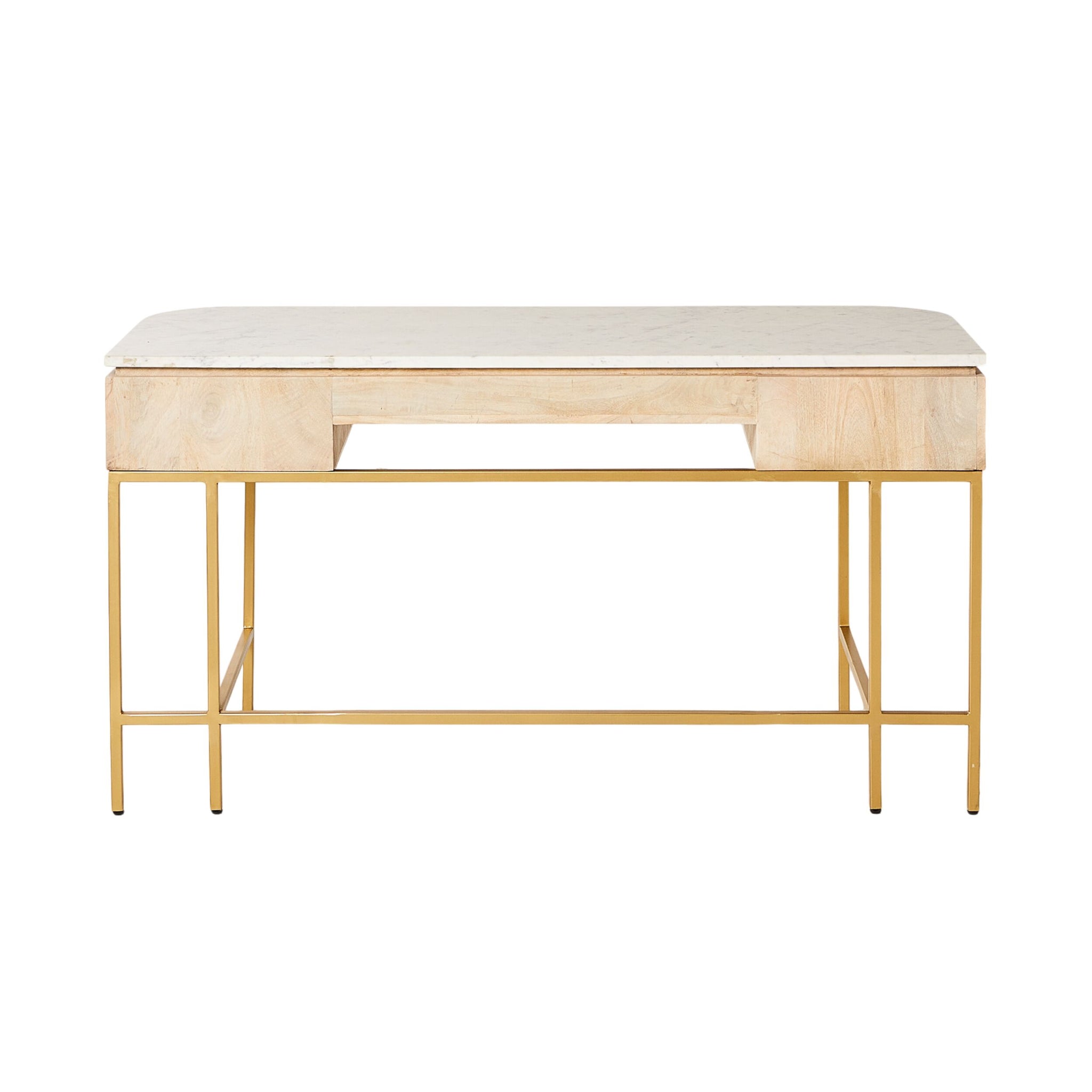 The Deva Large Desk 150 x 79 x 61cm showcases a rectangular light mango wood top, two drawers, and slender gold metal legs—shown against a white background.