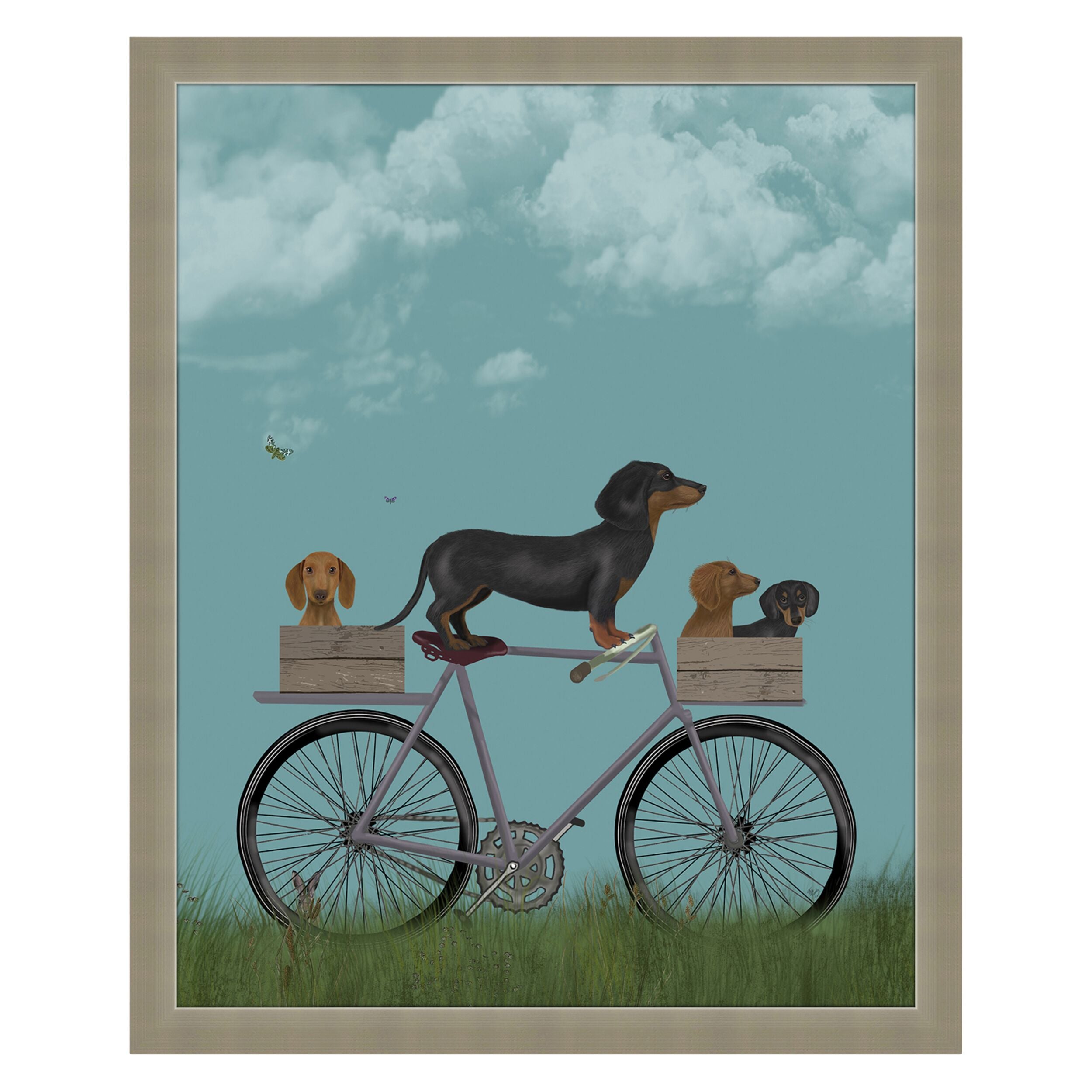 Daschunds On Bicycle Framed Print 55x45cm