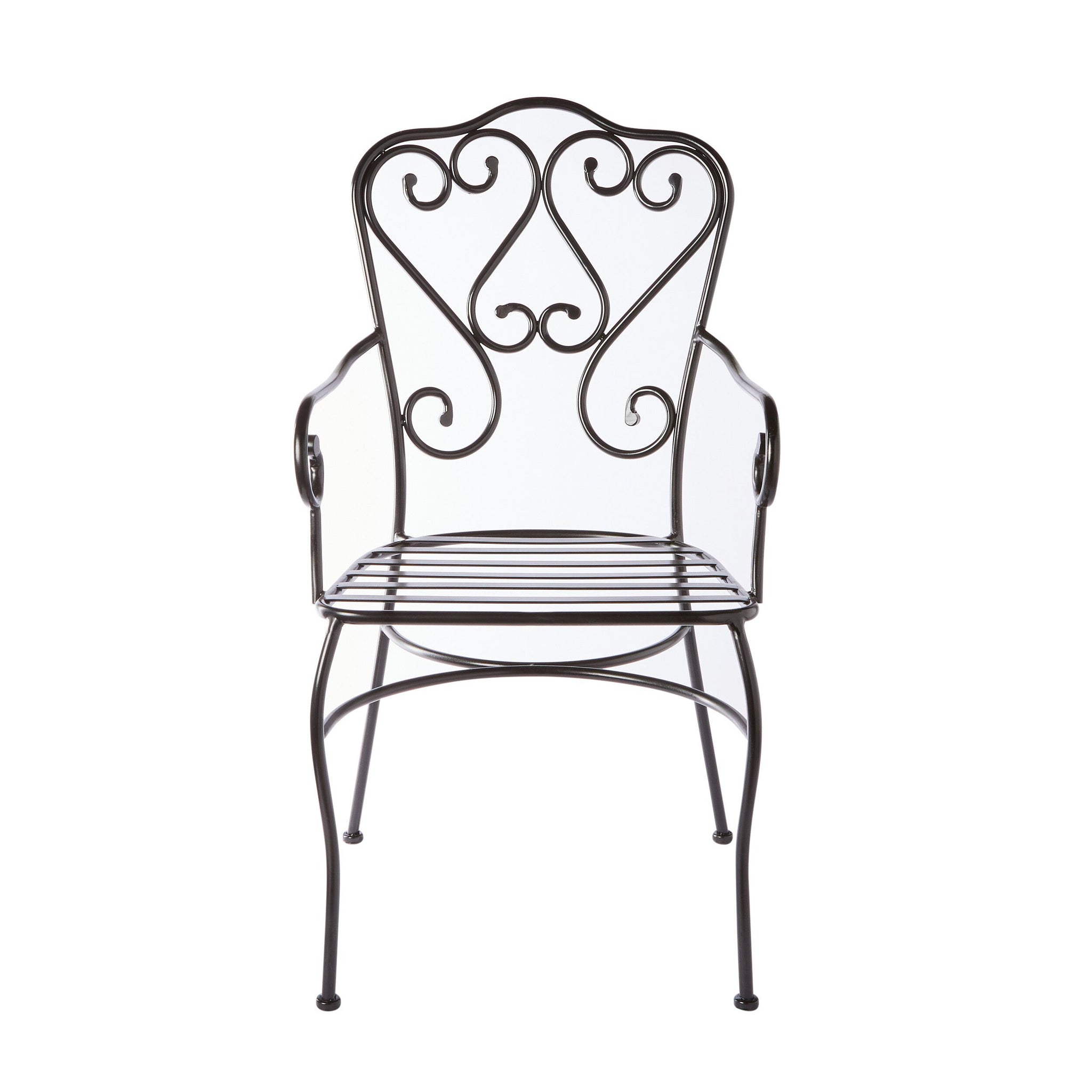 The Manette Outdoor Dining Chair Black M2 features a decorative French Provincial backrest, slatted seat, and durable powder-coated finish in black, shown against a white background.