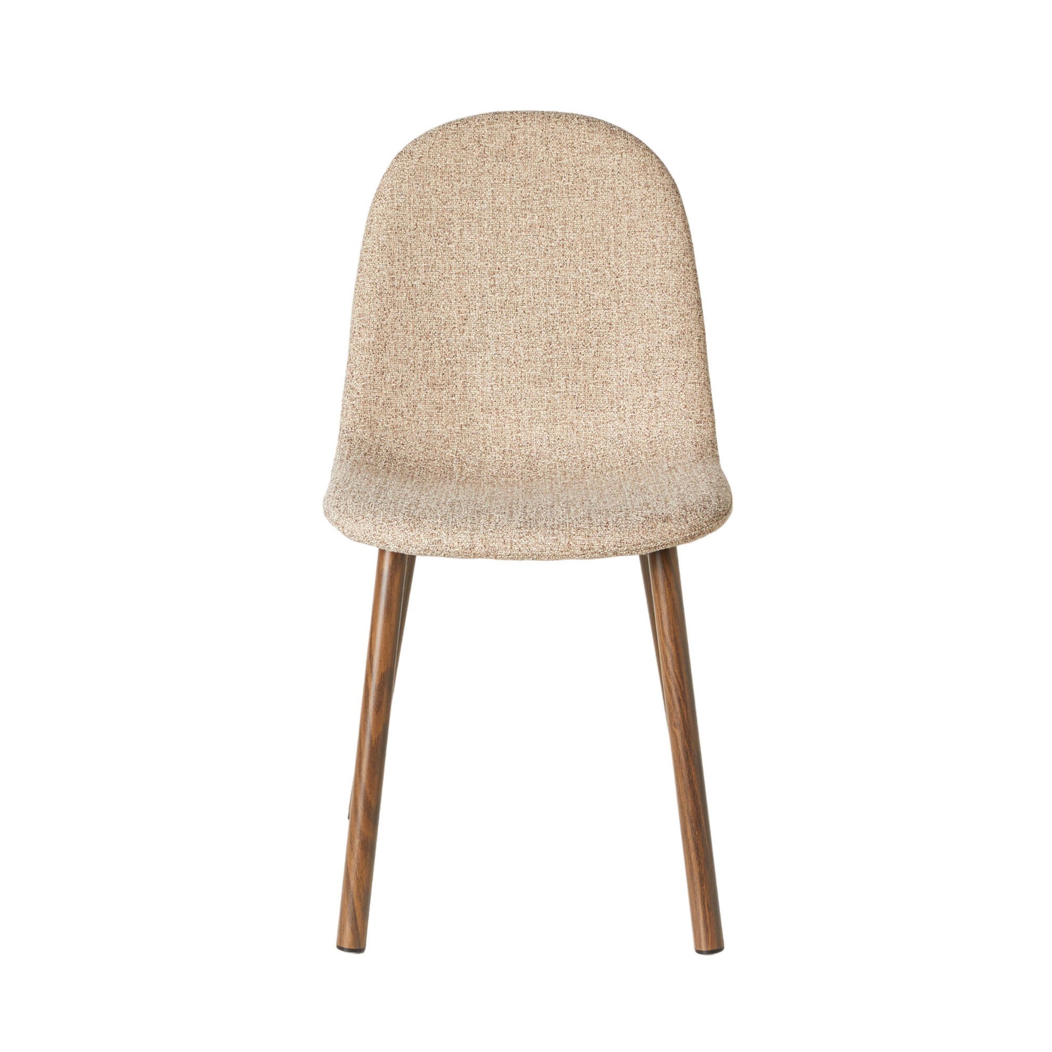 The Knox Dining Chair Boucle Cream boasts graceful beige upholstery, a curved backrest, and elegant chocolate-toned wood legs, perfect for adding sophistication to any dining space.