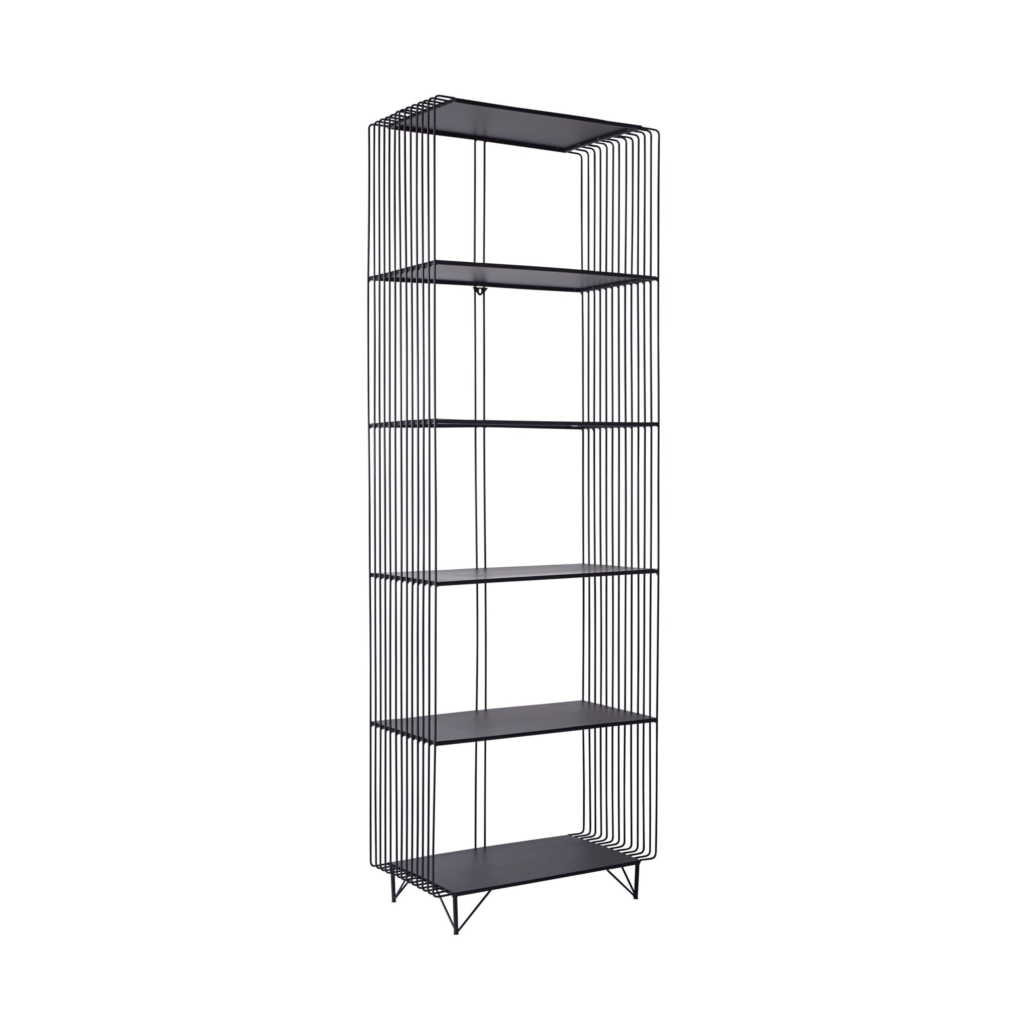 The Hendrix 5 Tier Tall Shelving Unit 182.5 x 60cm is a modern bookshelf featuring a sleek black wire frame and five sturdy, powder-coated iron shelves.
