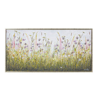 The Arthouse Foxglove Haven Framed Print (100x50cm) features wildflowers and tall grasses in green, yellow, and pink on a light background, all framed in a simple border.