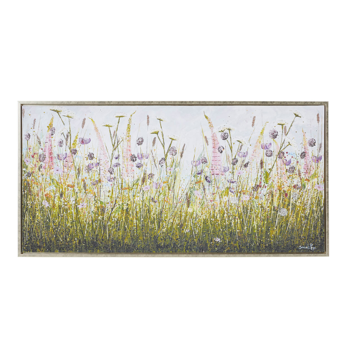 The Arthouse Foxglove Haven Framed Print (100x50cm) features wildflowers and tall grasses in green, yellow, and pink on a light background, all framed in a simple border.