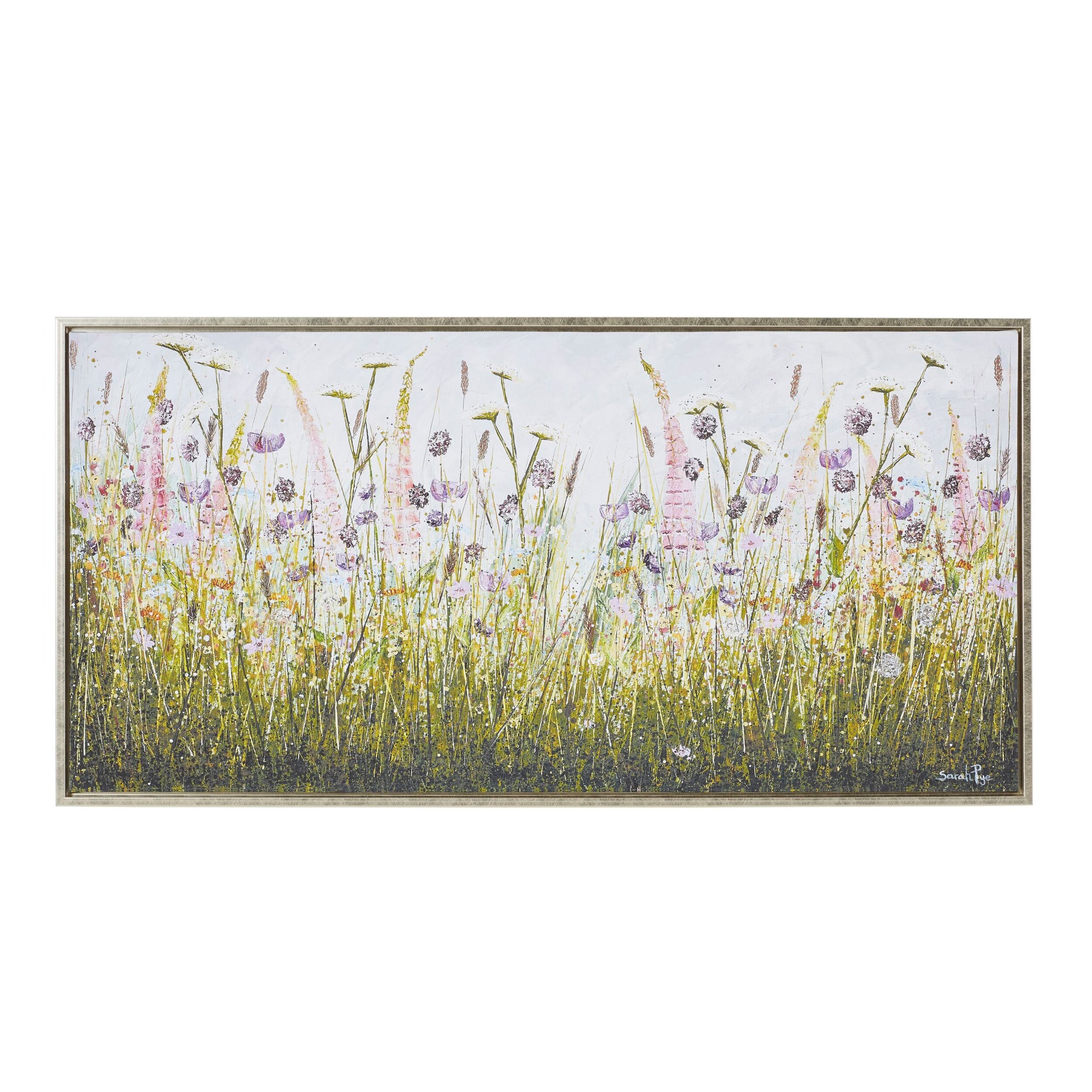 The Arthouse Foxglove Haven Framed Print (100x50cm) features wildflowers and tall grasses in green, yellow, and pink on a light background, all framed in a simple border.