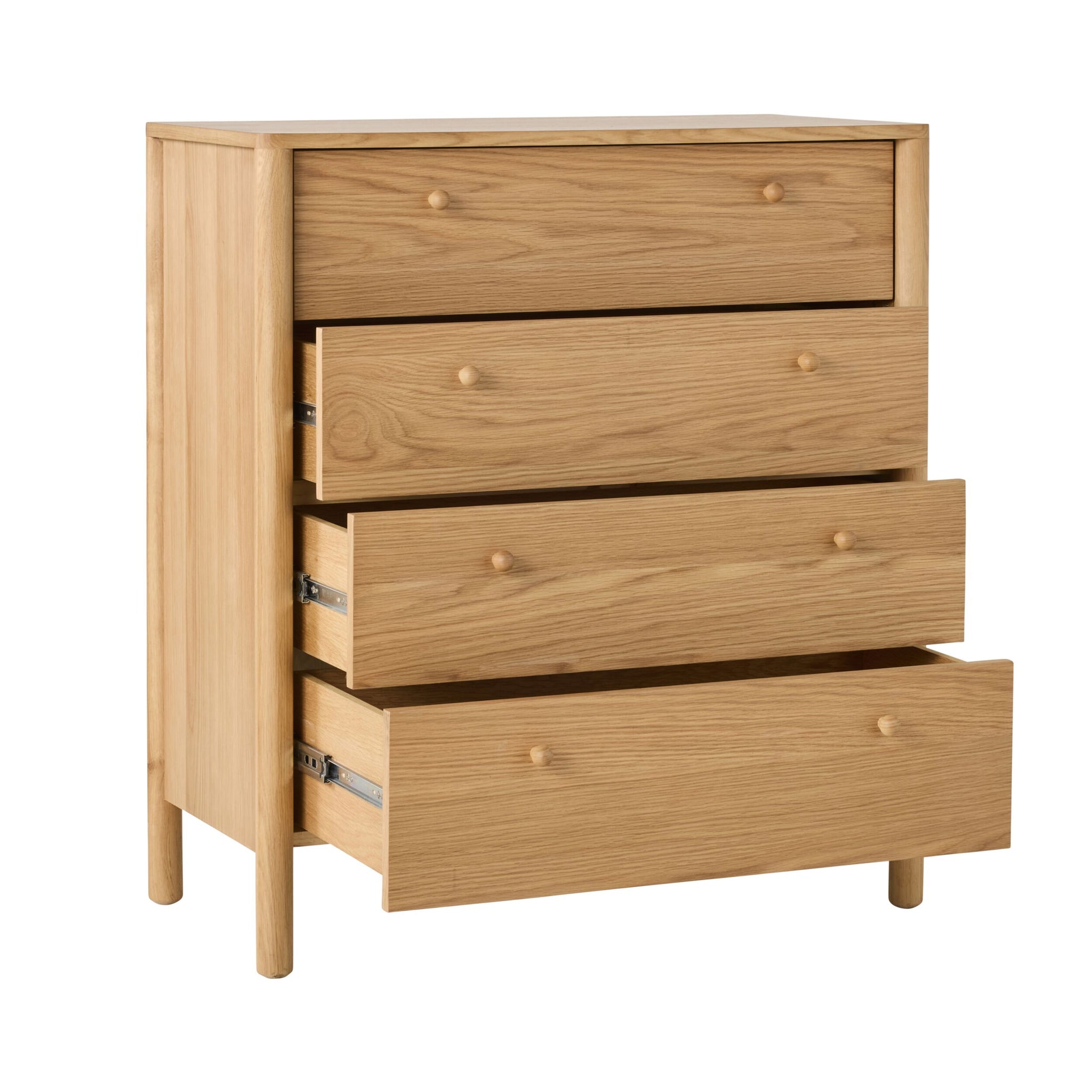 The Spintara 4 Drawer Chest Light Oak is a stylish wooden dresser featuring four drawers, with three partially open, perfect for enhancing any oak bedroom furniture collection.