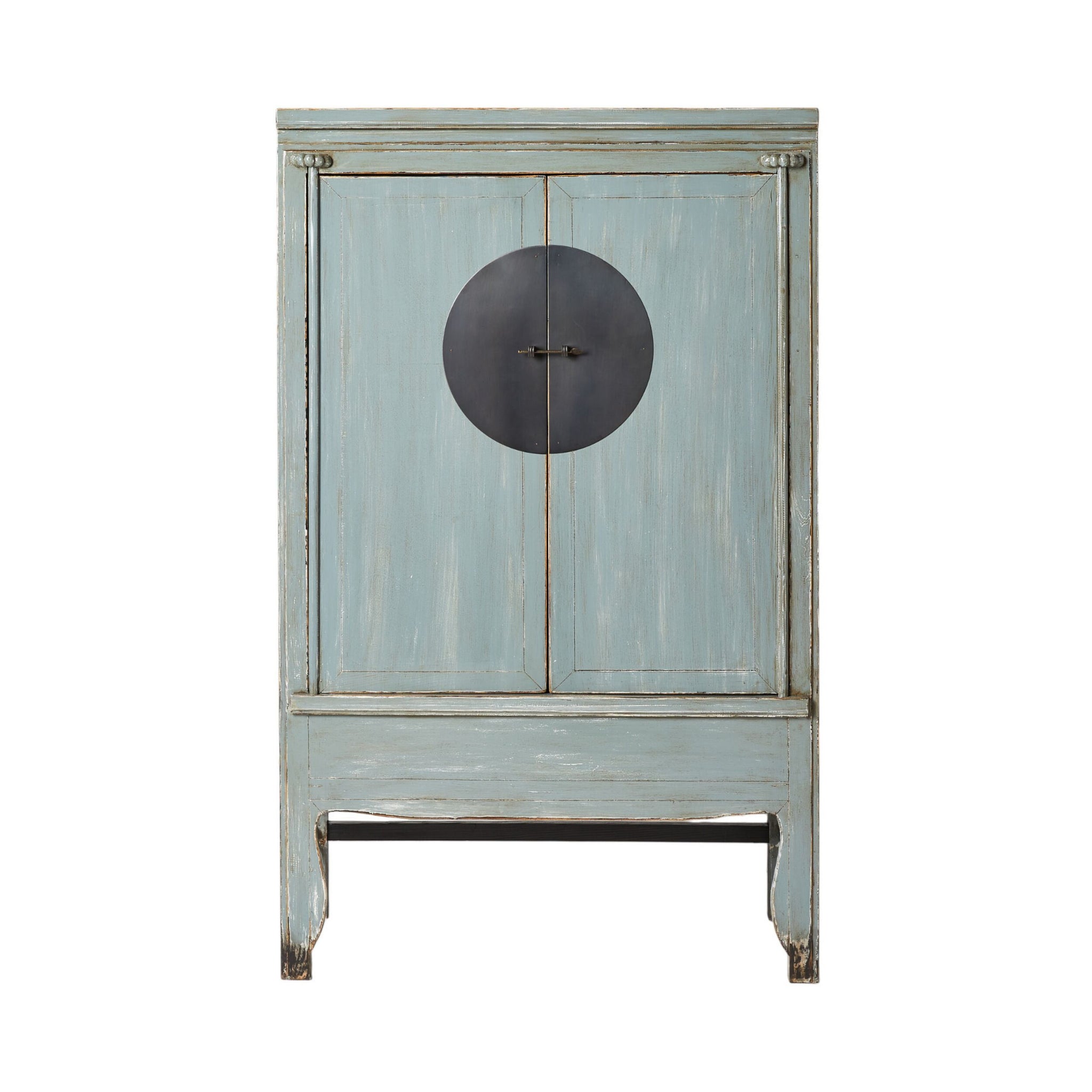 The Sansha Wedding Cabinet in Dove Grey is a beautiful vintage piece made from recycled pine wood, featuring two doors, a central circular metal handle, and exuding a touch of Chinese antique style.